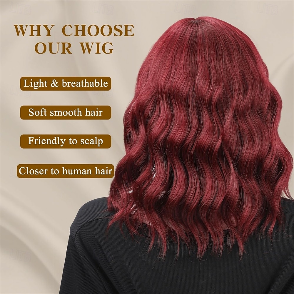 Red Wig with Bangs Short Wavy Wigs for Women Wine Red Curly Shoulder Length Bob Wig Synthetic fiber Wigs for Daily Party Use 2025 - $25.99 –P5