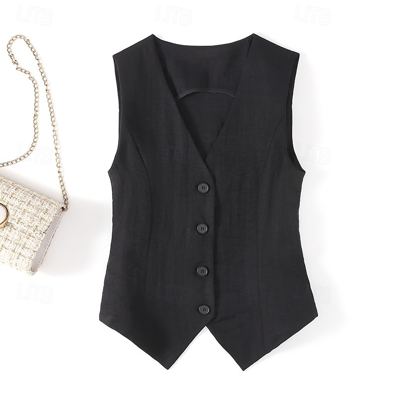 Gilet en coton et lin pour femme, uni, moderne, sans manches, col en V, régulier, pour tous les jours, pour sortir, boutons, noir, beige, été de 2025 ? $25.99 –P5
