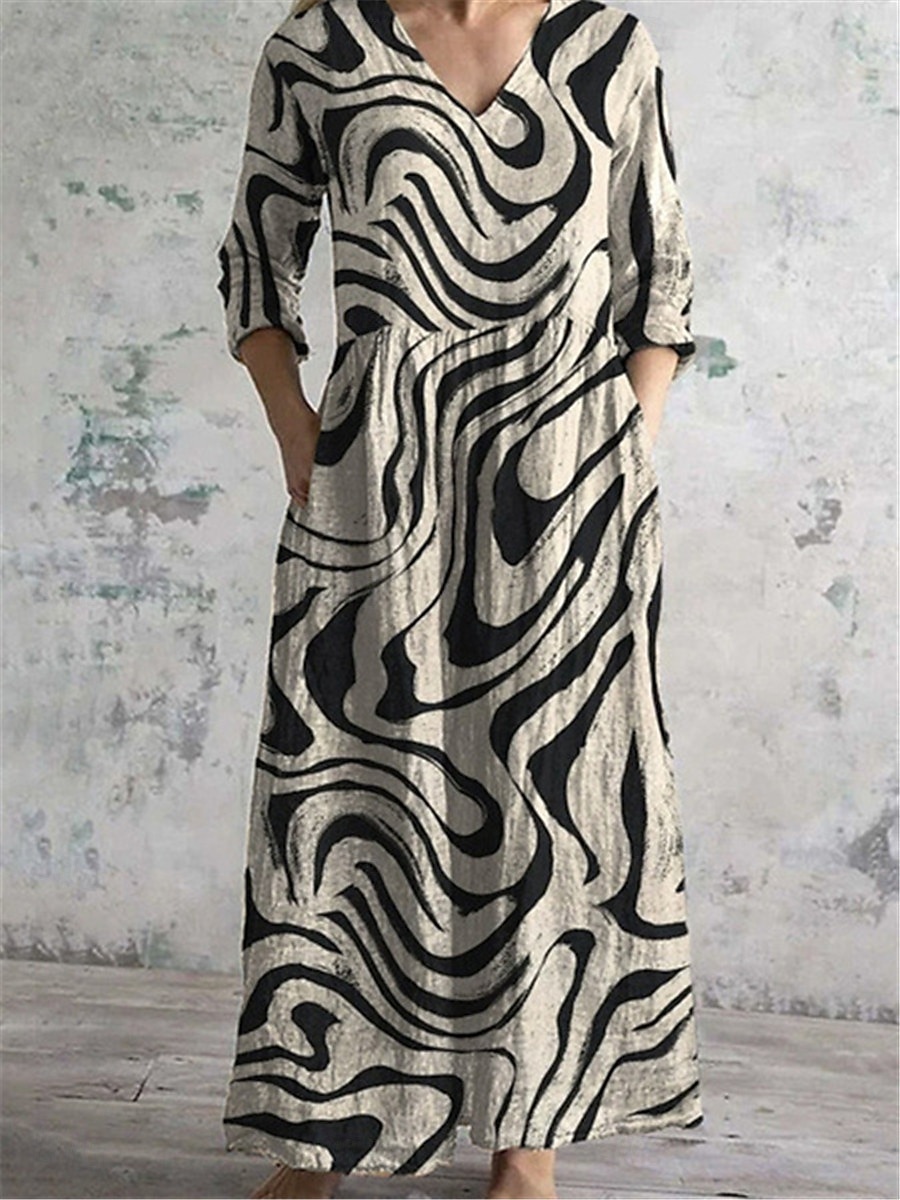 Mujer vestido largo vestido largo Vestido informal Vestido de verano Vestido bohemio Moda Vacaciones Diario Fin de semana Ajuste regular Geométrico Manga Larga Escote en Pico Negro Caqui Albaricoque 2025 - $22.99 –P2