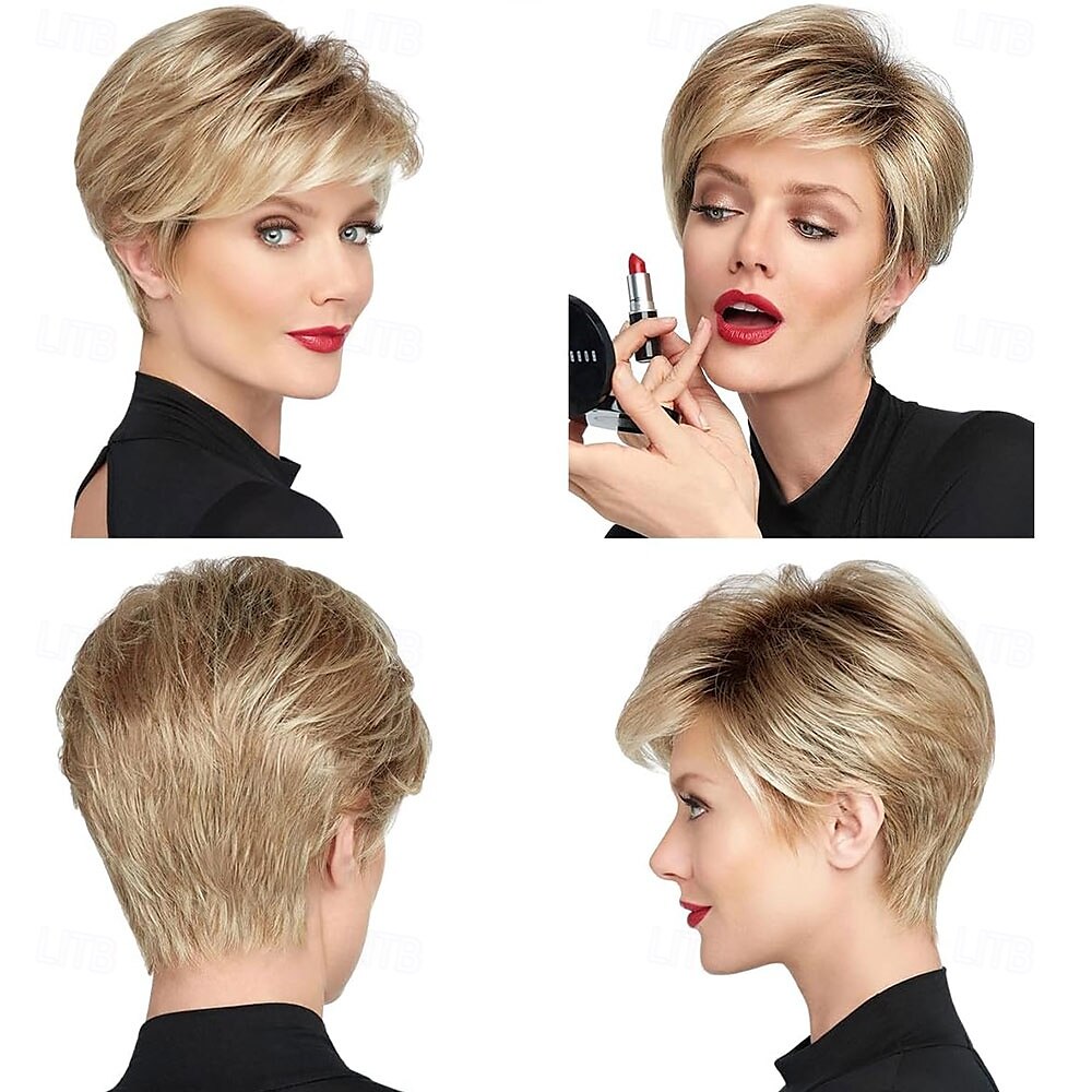 Parrucca corta bionda con taglio pixie per donna, con strato soffice e meches, con radice elasticizzata, parrucca pixie sintetica con frangia per donna, parrucca sostitutiva da indossare ogni giorno del 2025 a $25.99 –P3