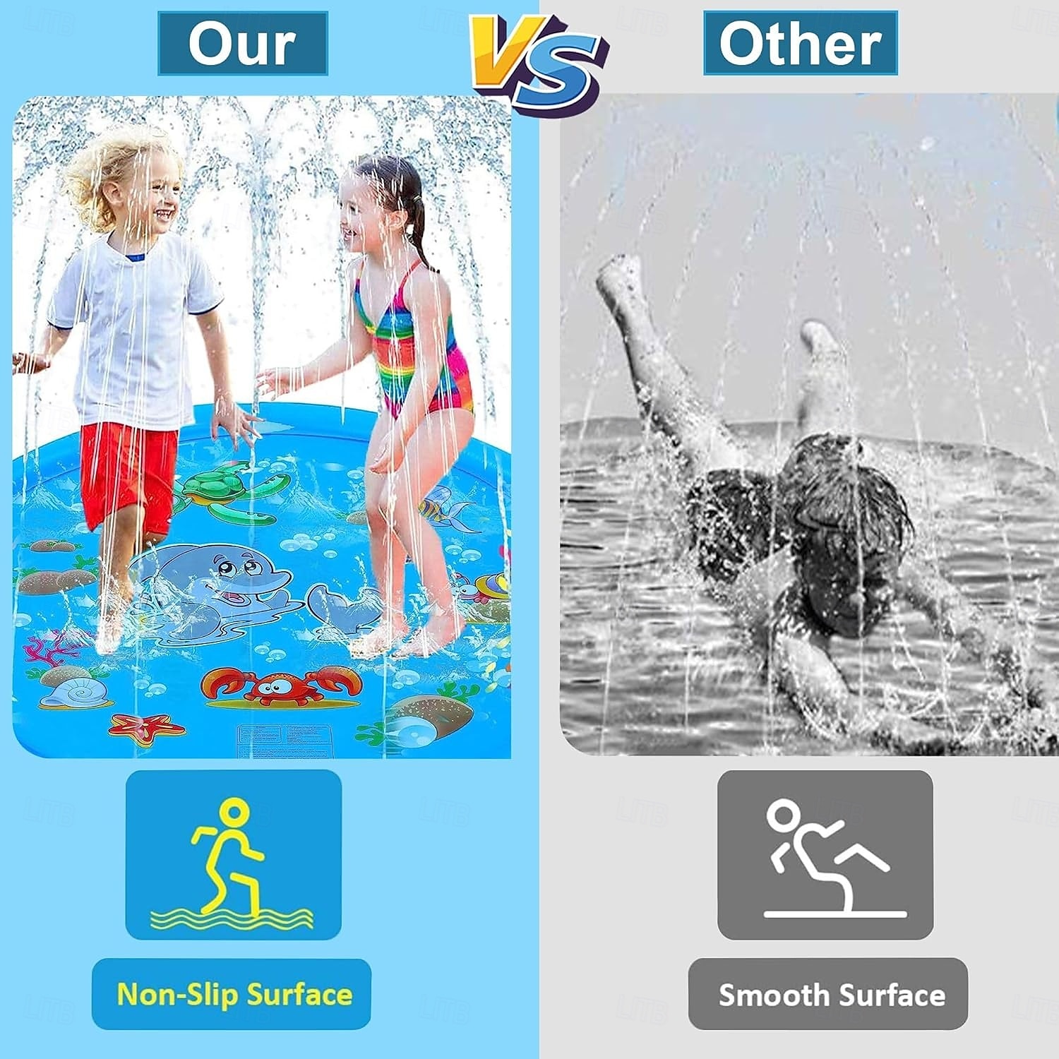 Tapis de jeu d'eau d'extérieur de 39 pouces, motif de vie marine multicolore, tapis anti-éclaboussures en PVC durable avec arroseur, antidérapant bleu &gonflable idéal pour les jouets aquatiques de 2025 ? $27.99 –P6