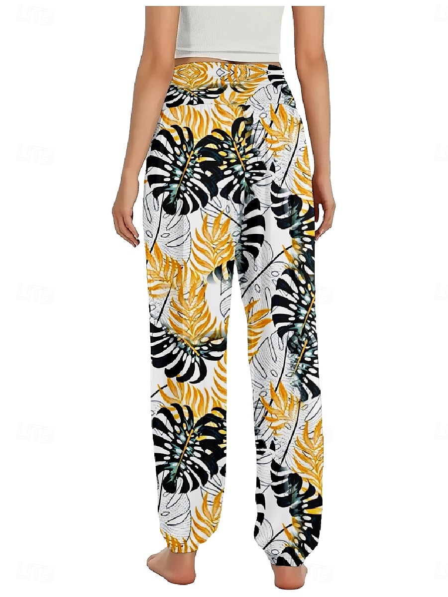 Dam Linneinspirerade byxor Brett skaft Byxor Etnisk Stil Ledigt Boho Fullängd Hög midja Blommig Löv Tropisk Ficka Elastisk midja Tryck Mateial som andas Mjuk Microelastisk Utomhus Yoga Svart Rosa 2025 - $21.99 –P2