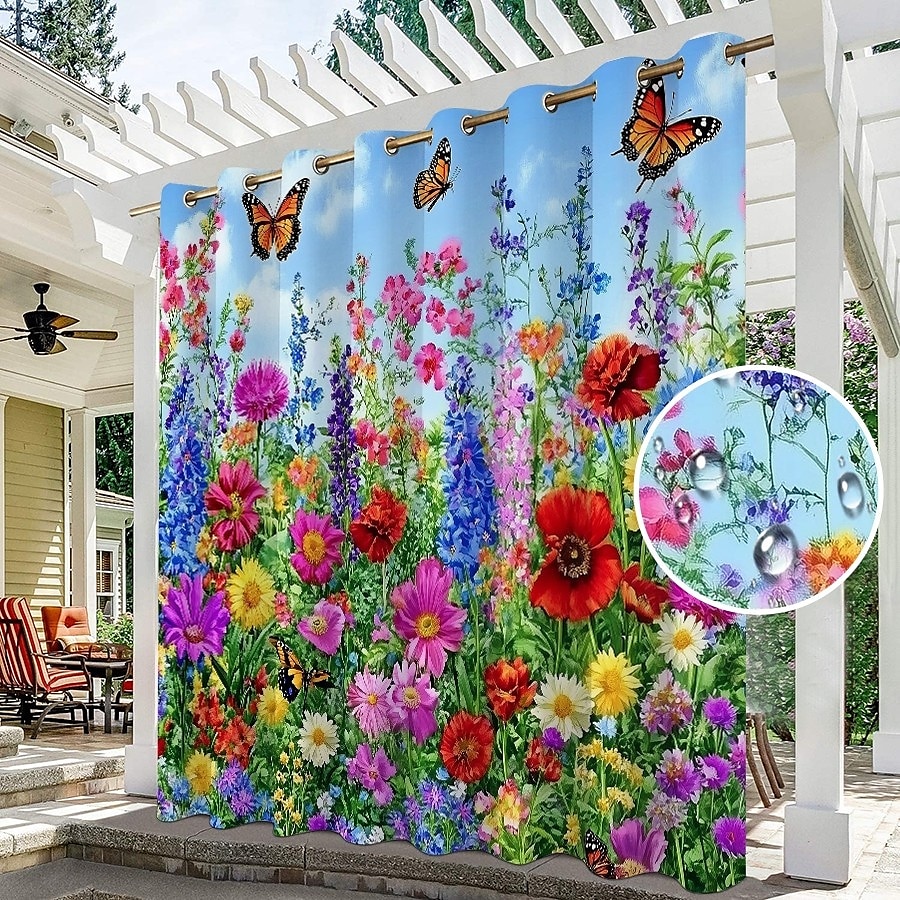 Vedenpitävä ulkoverho yksityisyys liukuvat patioverhot pergola verhot tarrakoukut 3D kesä kukkamaalaismaisema paviljonkiin parvekkeelle verannalle juhliin 1 paneeli 2025 - $34.99 –P1