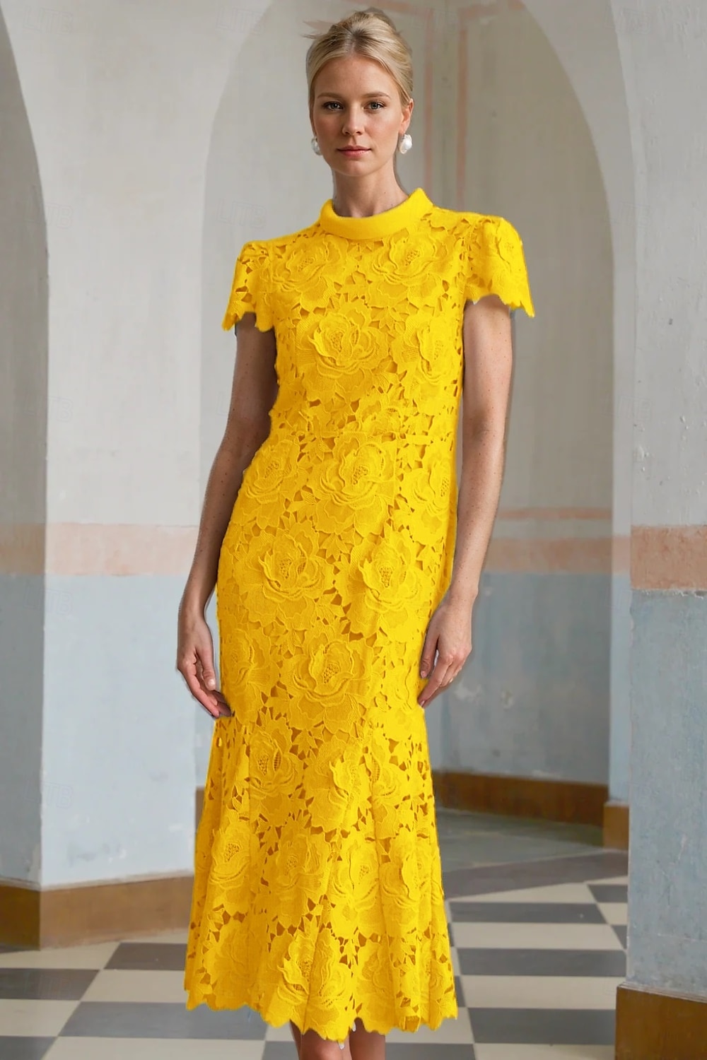 Robe Cocktail Colonne Jaune Bleue Élégante Robe Brodée Mariage Formelle Longueur Cheville Manches Courtes Col Montant Dentelle avec Fente de 2025 ? $151.99 –P1