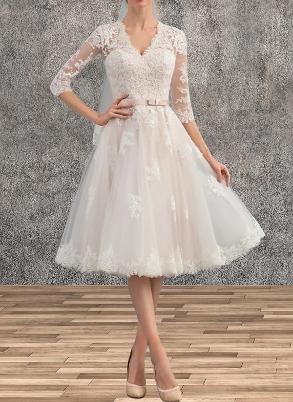 Mini Abiti Bianchi per Fidanzamento Abiti da Sposa A-Line Scollo a V Manica 3/4 Lunga Fino al Ginocchio in Raso con Fascia  Applicazioni del 2025 a $155.99 –P1