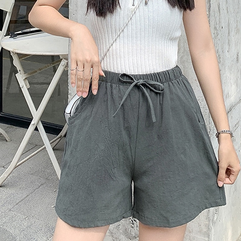 2025年 女性用 リネン風ショートパンツ スラックス クロップパンツ ファッション ストリートファッション 膝丈 ナチュラルウエスト 平織り ポケット 弾性巾着デザイン 快適 通気性 お出かけ 週末 フォレストグリーン ブラック ターコイズ ホワイト 夏 レギュラー  コレクション – $15.99 –P9
