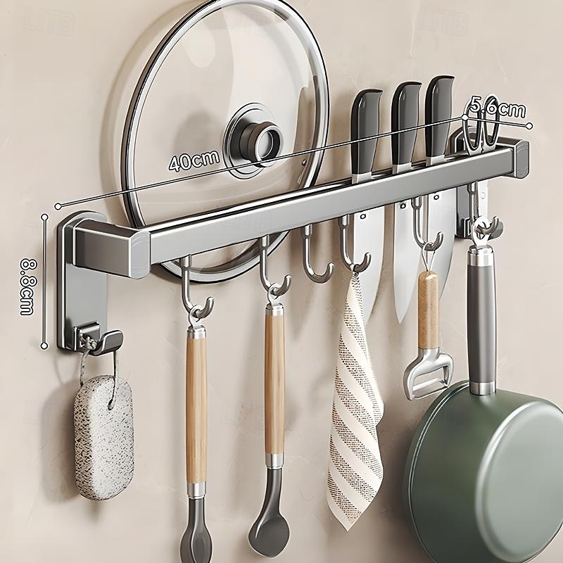 Supporto portaoggetti multifunzionale per cucina con ventosa, ABS, alluminio, asta appendiabiti con gancio &portacoltelli a parete, portapale, portacoperchi, soluzione unica per riporre utensili da del 2025 a $13.99 –P6