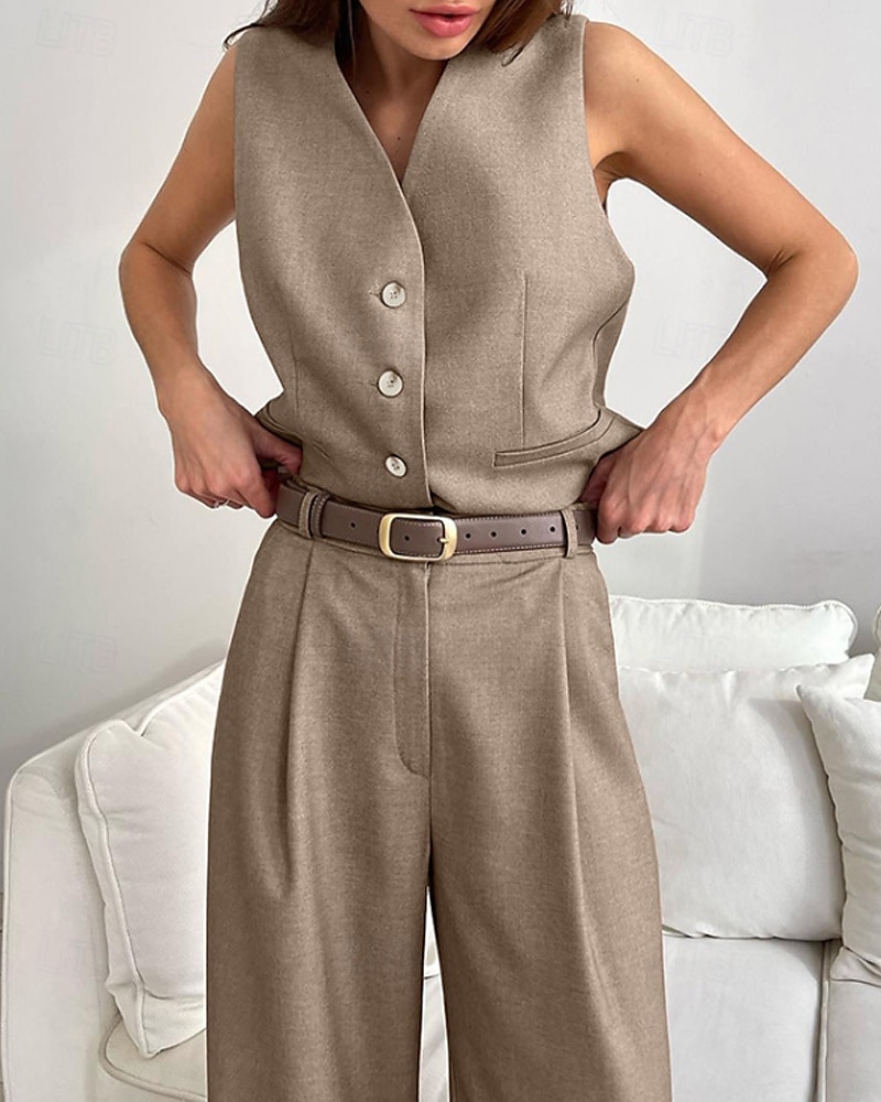 Femmes Actif Mode Chemisier Gilet Ensembles de Pantalons Sans manches Col en V Couleur Unie Dubbele Rij Knopen Extérieur Fête Noir Marron Gris Été Coupe régulière de 2025 ? $39.99 –P1