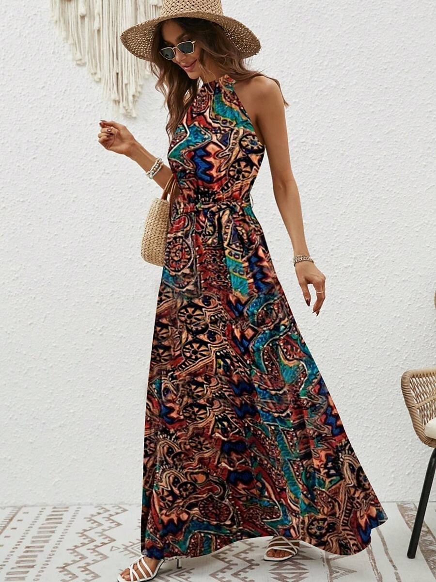 Dam Maxiklänning A linjeklänning Off Shoulder Klänning Semester Ledigt Boho Utomhus Utekväll Normal Grafisk Paisley Ärmlös Halterneck Blå Purpur Brun Aprikos Sommar 2025 - $29.99 –P5