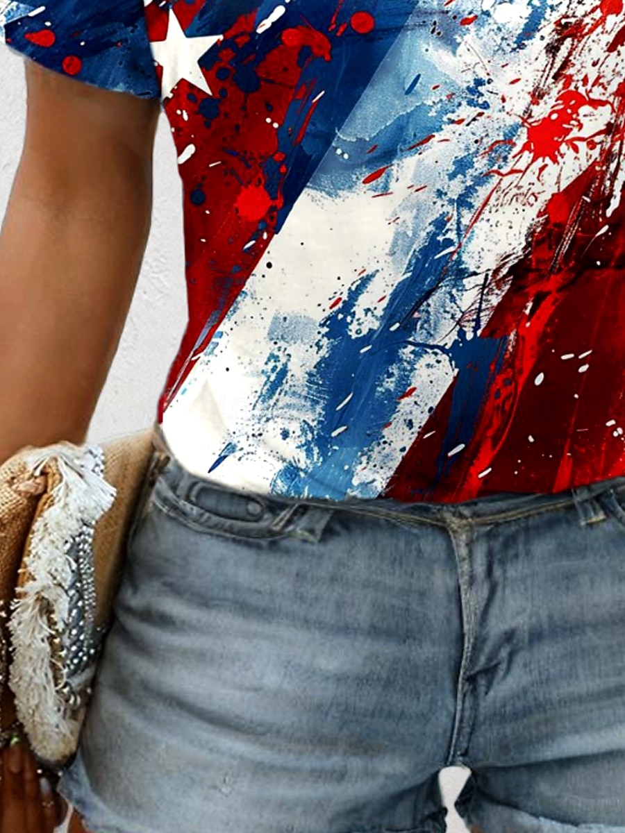 T-shirt patriote pour femmes jour d'indépendance drapeau graphique drapeau vintage tendance classique rouge blanc et bleu manches courtes encolure ronde tops réguliers quotidiens imprime rouge  bleu de 2026 ? $22.99 –P4