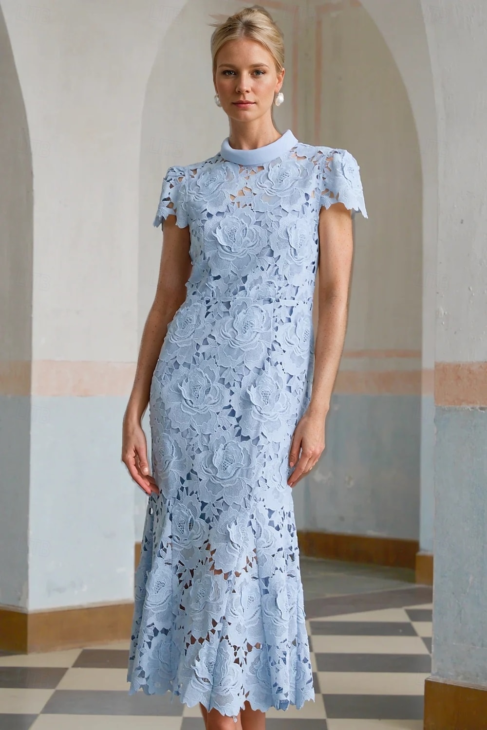 Robe Cocktail Colonne Jaune Bleue Élégante Robe Brodée Mariage Formelle Longueur Cheville Manches Courtes Col Montant Dentelle avec Fente de 2025 ? $151.99 –P5