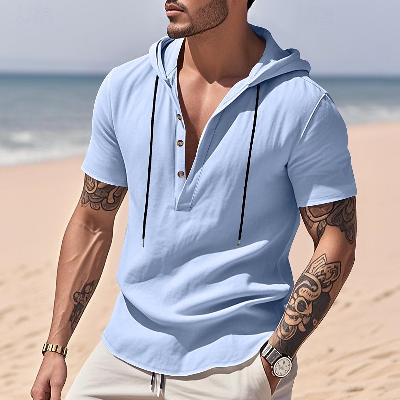 Herren Hemd Leinenhemd Popover-Hemd Freizeithemd Baumwollhemd Einfach Urlaub Straße Schwarz Weiß Gelb Marineblau Kurzarm Mit Kapuze Sommer Bekleidung Button-Down 2025 - $23.99 –P19