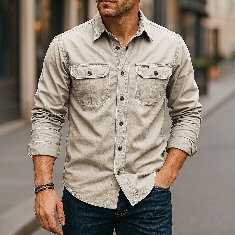 Herren Freizeithemd Arbeitshemd Knopfhemd Dunkelmarine Kaki Hellgrau Armeegrün Langarm Einfarbig Revers Urlaub Ferien Button-Down Bekleidung Baumwolle Mode Lässig Bequem 2025 - $15.99 –P2