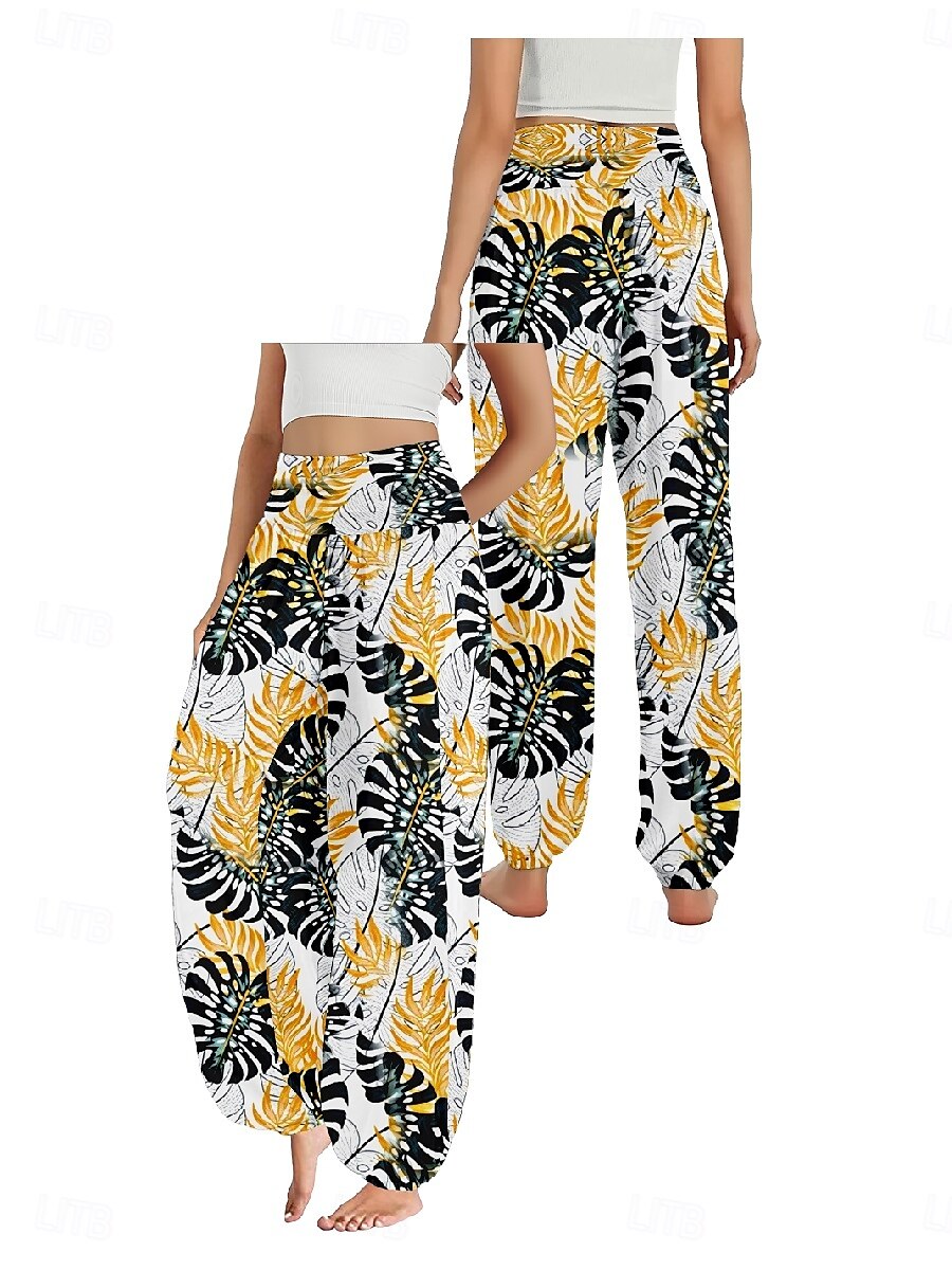 Dam Linneinspirerade byxor Brett skaft Byxor Etnisk Stil Ledigt Boho Fullängd Hög midja Blommig Löv Tropisk Ficka Elastisk midja Tryck Mateial som andas Mjuk Microelastisk Utomhus Yoga Svart Rosa 2025 - $21.99 –P3