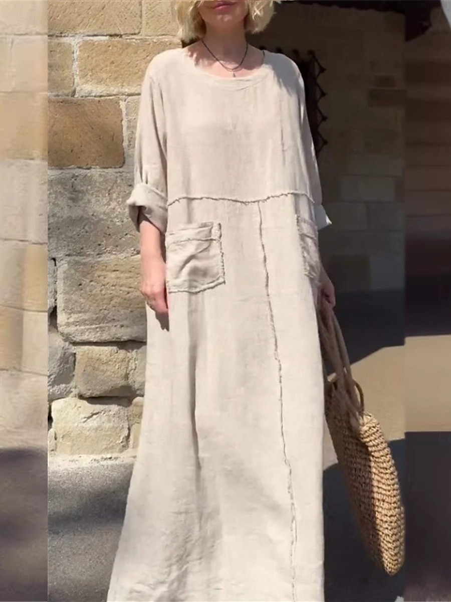 Woman's Maxi-Kleid Sommerkleid Leinen Lässig Täglich Regulär Passform Grafik Einfarbig Lange Ärmel Rundhals Schwarz Rot Blau Beige Sommer 2025 - $37.99 –P2