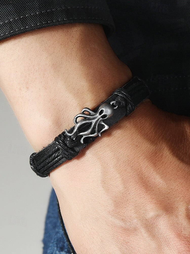 Herren-Lederarmband mit Oktopus-Charm – verstellbares Armband aus nautischem Seil für Surfer, Rockfans und lässige Outfits 2025 - $7.99 –P2