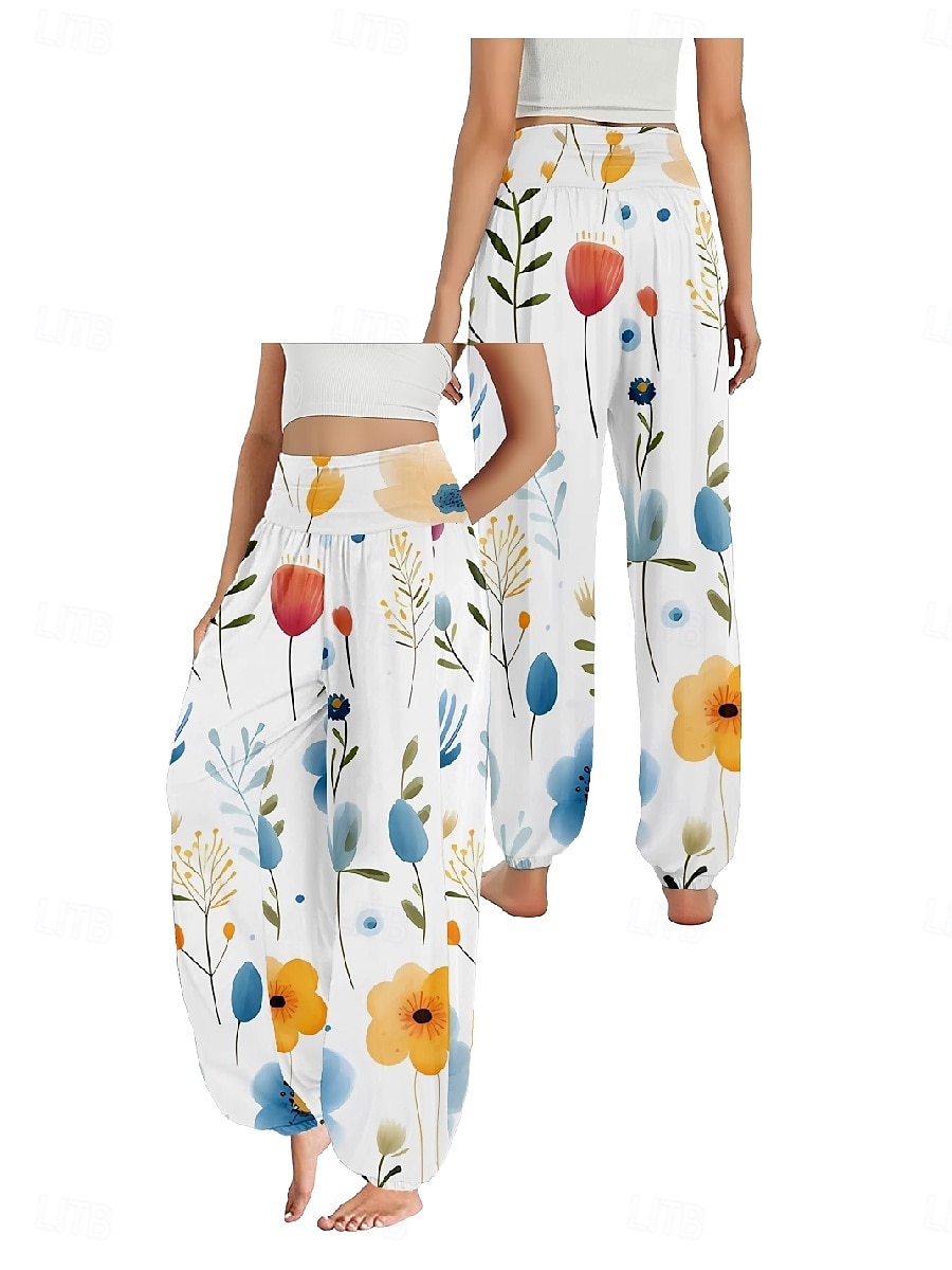 Dame Lin-inspirerte bukser Bred Bukseben Bukser Etnisk stil Fritid Bohem Full lengde Høy Midje Blomstret Blad Tropisk Lomme Elastisk midje Printer Pusteevne Myk Mikroelastisk utendørs Yoga- og 2025 - $20.99 –P14