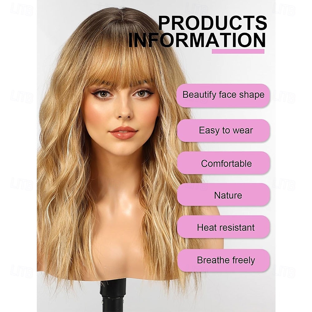 2025年 フリンジ付きロングウィッグ、女性用合成ウェーブウィッグ、ライトブロンドのハイライトカラー  コレクション – $28.99 –P4