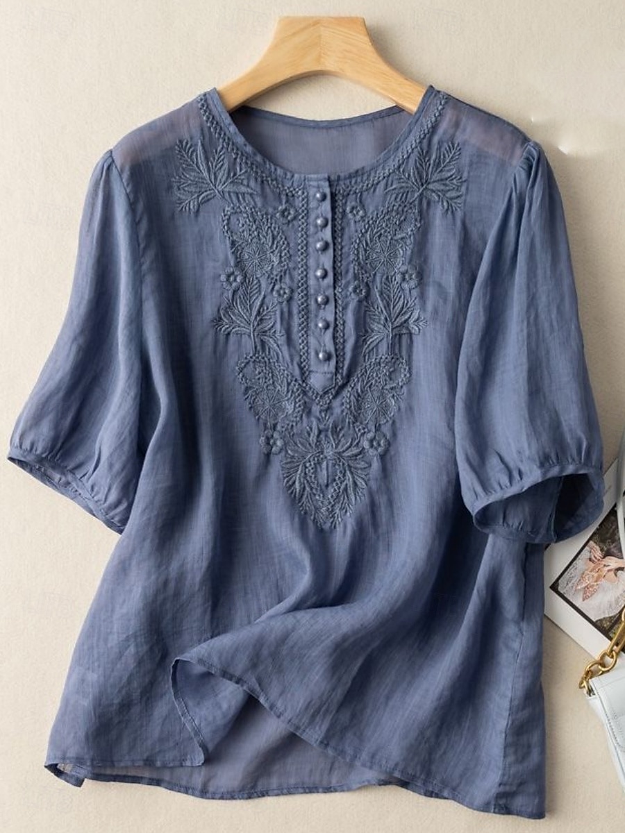 Dames Overhemd Bloemig Basic Casual Halve mouw Strakke ronde hals Normale tops Dagelijks Met ruches Geborduurd Knop Wit Geel blauw Khaki Zomer 2025 - $17.99 –P10