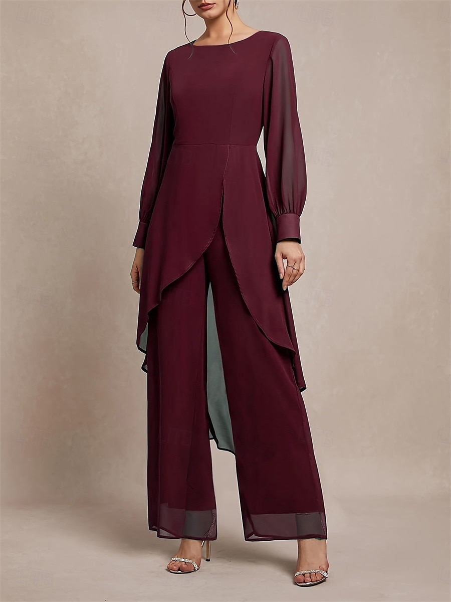 Conjunto Mãe da Noiva Clássico Decote Redondo Barra Assimétrica Manga Longa em Chiffon com Cor Sólida de 2025 por $89.99 –P6