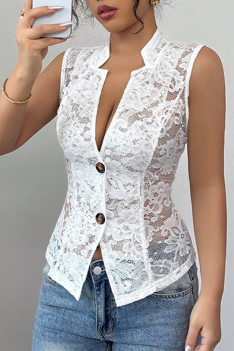 Women's Blouse Lace Tops Plain Elegant Modern Sleeveless V Neck Regular Tops Daily Holiday Going out Lace White Summer 2025 - $22.99 –P4