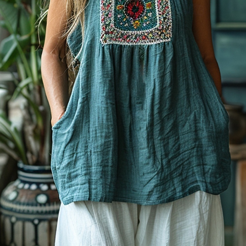 Pentru femei Bluză occidentală Cămașă Boho Bluză Floare De Bază Casual Fără manșon Stil Nautic Topuri obișnuite Zilnic Concediu Imprimeu Albastru piscină Vară 2025 - $31.99 –P3