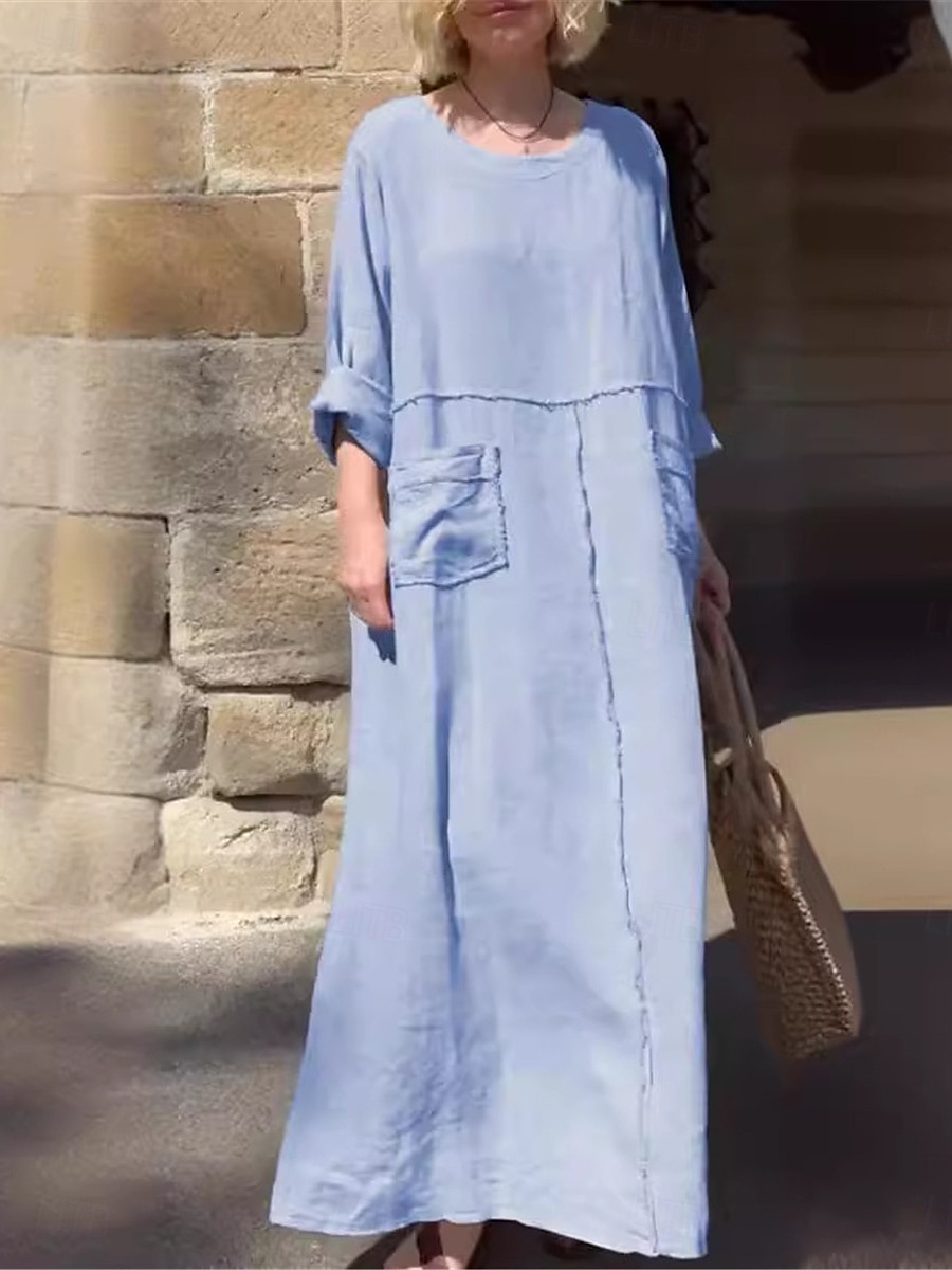 Woman's Maxi-Kleid Sommerkleid Leinen Lässig Täglich Regulär Passform Grafik Einfarbig Lange Ärmel Rundhals Schwarz Rot Blau Beige Sommer 2025 - $37.99 –P4