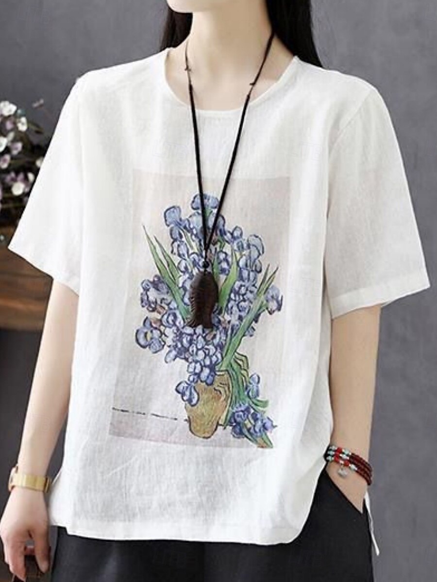 Dame Skjorte Blomstret Grafisk Grunnleggende Fritid Halvlange ermer Crew-hals Vanlige topper Daglig Trykt mønster Hvit Gul Beige Sommer 2025 - $14.99 –P6