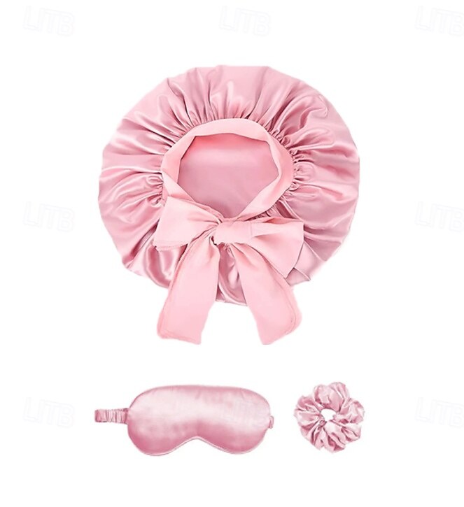 3pcs Eye Mask Hair Band Shower Cap Combo Satin Simulated Silk Elastic Flutter Band Round Cap Shower Cap Bow Shower Cap Anti Fall Sleep Cap Hair Care Cap 2025 - $12.49 –P3