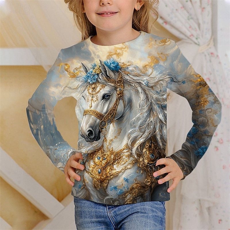 Ragazze 3D Animale Cavallo Maglietta Manica Lunga Primavera Autunno Moda Essenziale Bambini 4-12 Anni Girocollo All'aperto Casuale Quotidiano Vestibilità regolare del 2025 a $13.99 –P1