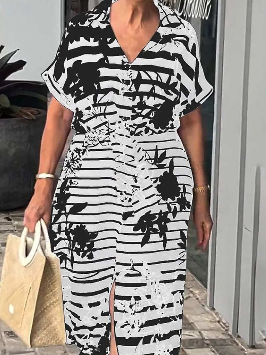 Femmes Robe maxi Robe trapèze Robe d'été Occasionnel Quotidien Coupe régulière Fleuri Graphique Rayé Manche Courte Col en V Noir Blanche Jaune bleu marine Été de 2025 ? $39.99 –P2