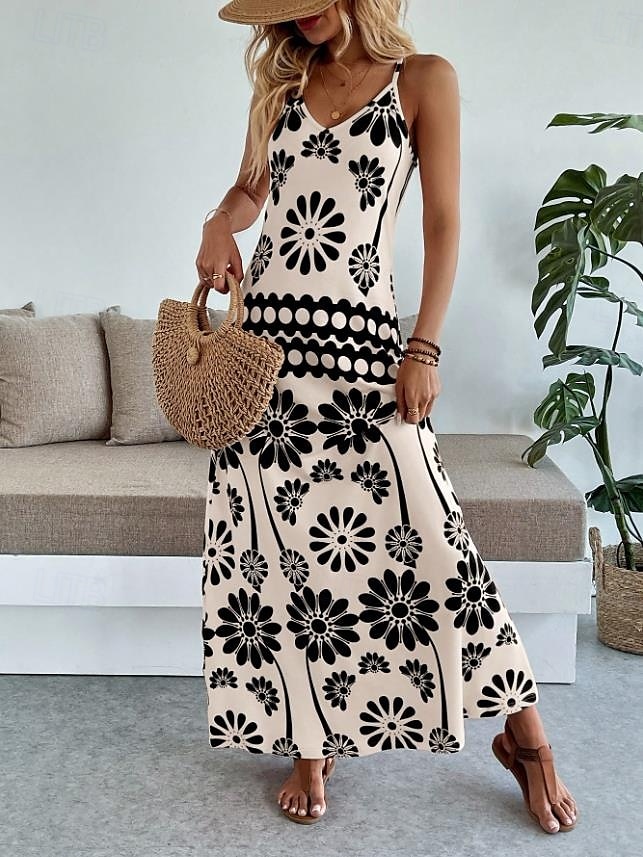 Női Maxiruha A vonalú ruha Slip ruha Szabadság Alkalmi Boho Parti Alkalmi Standard Virágos Grafika Ujjatlan V-alakú Narancssárga piros Fekete Medence Lóhere Nyár Tavasz 2025 - $31.99 –P8