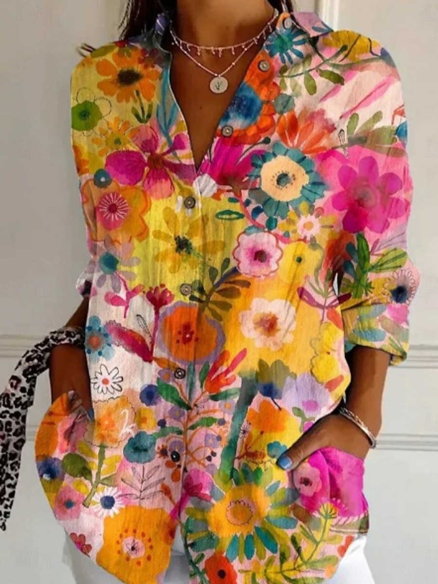 Dames Overhemd Bloemig Gestreept Stijlvol Modern Lange mouw Overhemdkraag Normale tops Dagelijks Feestdagen Zak Knop Afdrukken blauw Paars Fuchsia Oranje Zomer 2025 - $25.99 –P1