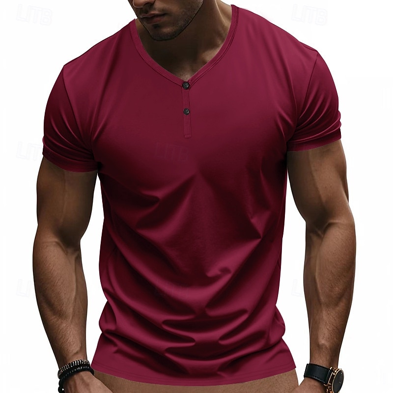 Men's T Shirt Henley Shirt Tee Short Sleeve Shirt Short Sleeve V Neck Summer Plain Fashion Designer Basic Plain Vacation Street Going out claret Black Royal Blue Top Tee for Men 2025 - $19.49 –P6