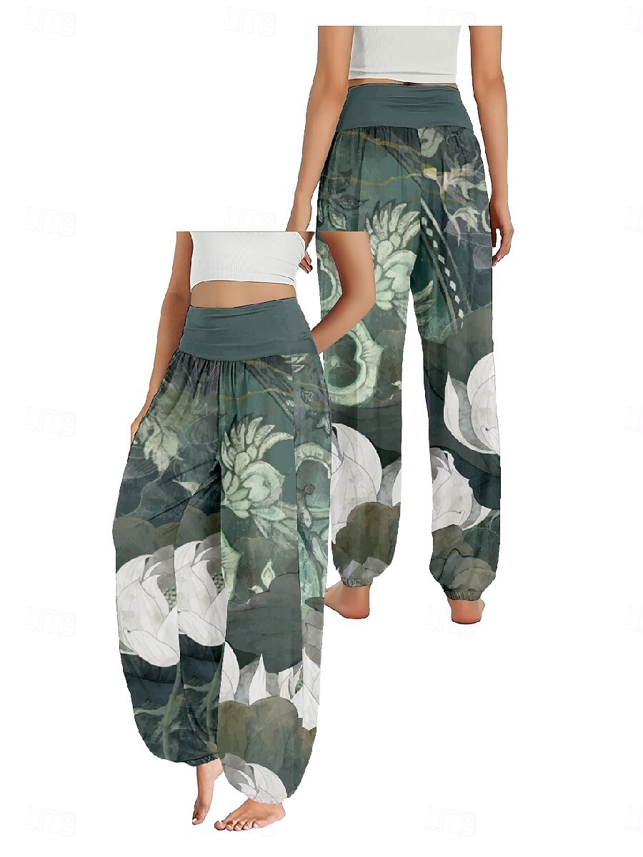 Mulheres Calças inspiradas em linho Perna larga Calças Estilo Étnico Casual Boho Comprimento total Cintura Alta Floral Bolsos Cintura elástica Estampado Respirabilidade Macio Micro-Elástica Ao ar de 2025 por $21.99 –P3
