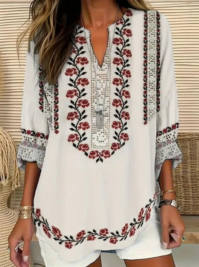 Dames Boho Blouse Grafisch Geometrisch Paisley Elegant Bohemia Vintage Lange Mouw V-hals Regular Tops Dagelijks Print Zwart Blauw Lichtgrijs Beige Zomer Lente 2025 - $24.99 –P2