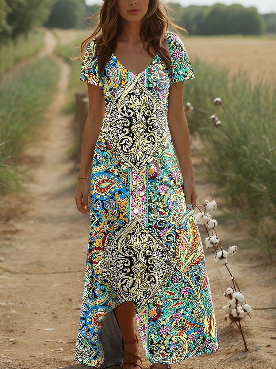 Per donna Abito maxi Abito a trapezio Vacanza Boho All'aperto Uscire Vestibilità comoda Grafico Paisley Manica Corta Scollo a V Verde Estate del 2025 a $51.99 –P2