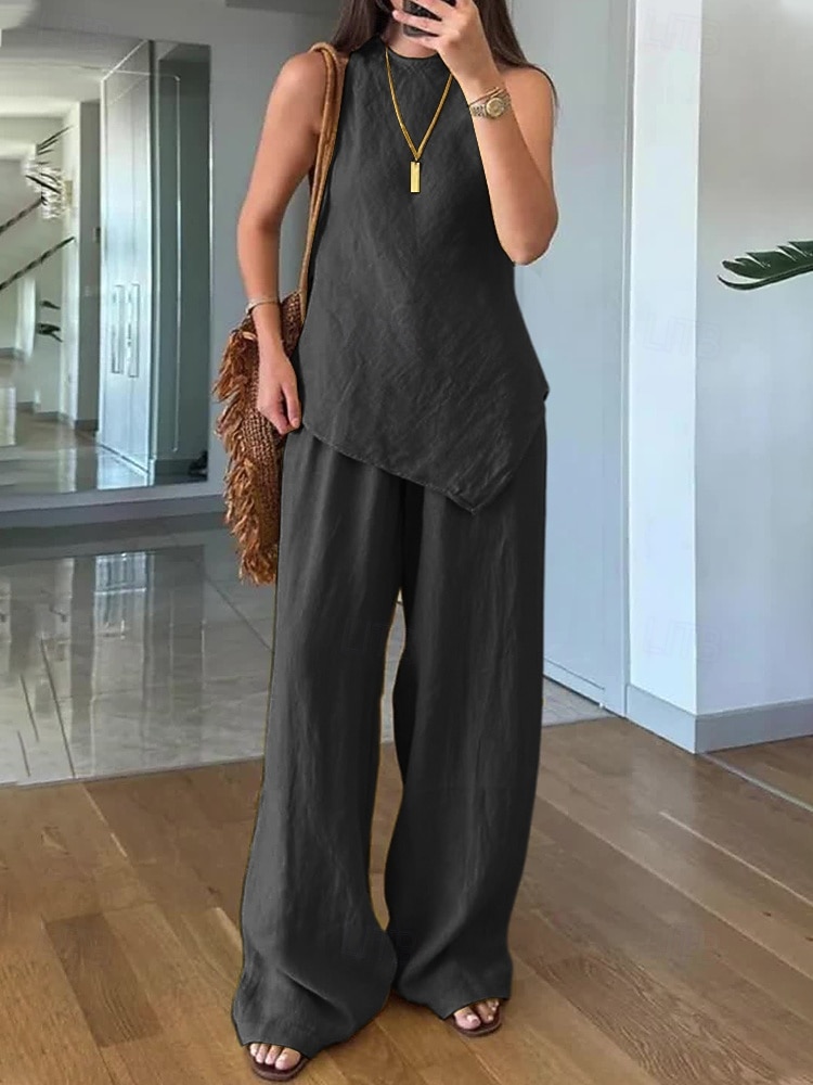 Women Cotton Blend Linen-Inspired Sets Two Piece Sets Sleeveless Crew Neck Solid Color Distressed Black White Yellow Summer Loose Fit 2026 - $31.99 –P2