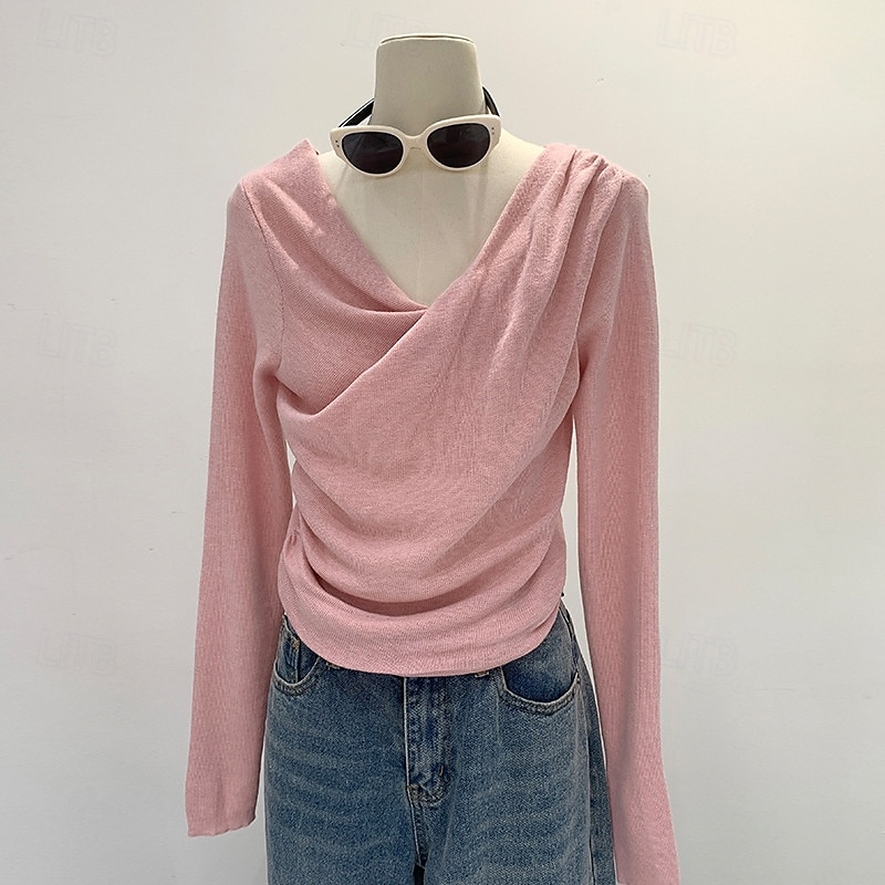 Femmes Chemisier Uni Moderne manche longue Col en V Hauts Réguliers Fête Sortir Froncé Noir Rose Claire Bleu Abricot Été de 2025 ? $27.99 –P4