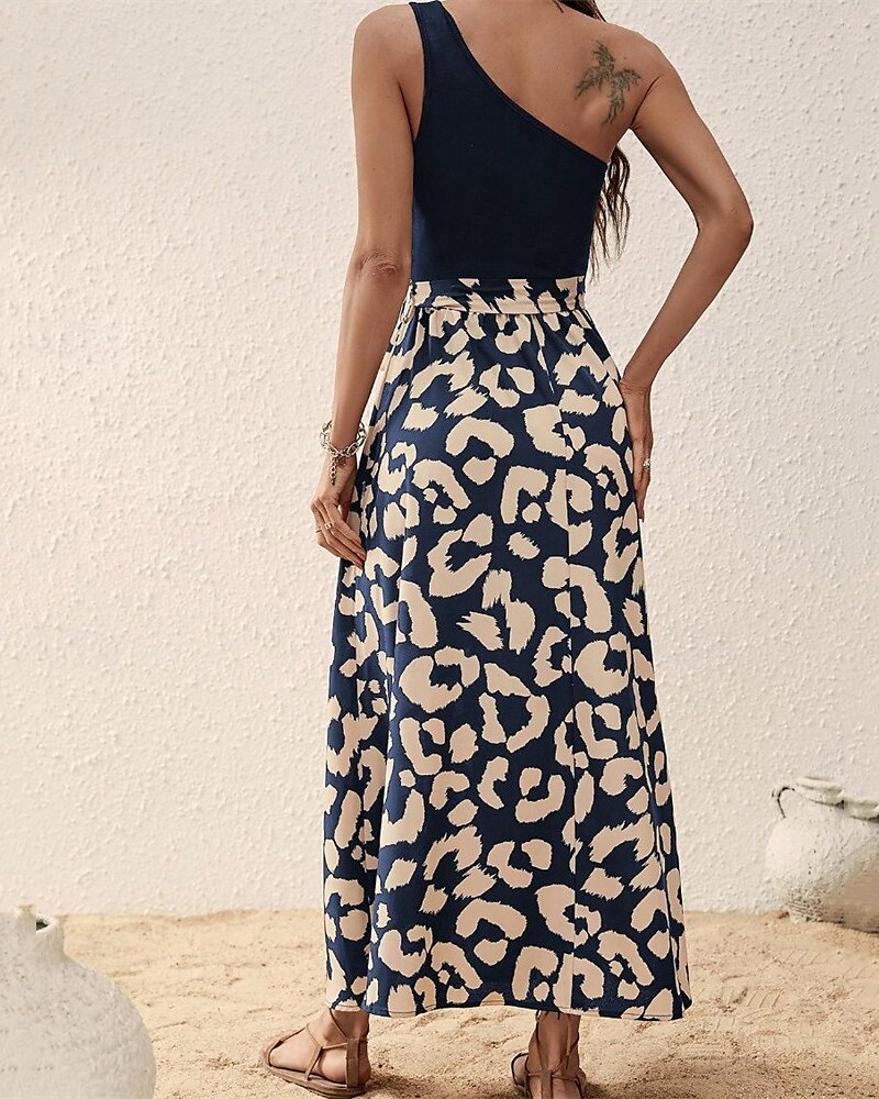 Femmes Robe Midi Robe Décontractée Robe d'été Élégant Mode Moderne Quotidien Plage Week-end Coupe régulière Léopard Sans manches Une Épaule Noir bleu marine Été de 2025 ? $27.99 –P7