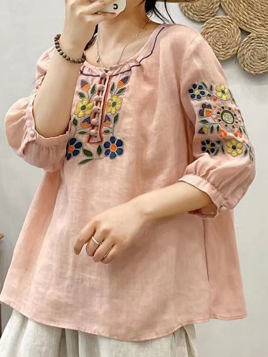 Femmes Chemise Fleuri Élégant Occasionnel Manche 3/4 Col ras du cou Hauts Réguliers Quotidien Broderie Vert Claire Rose Claire Fuchsia Abricot Bleu clair Été Printemps de 2025 ? $19.99 –P12