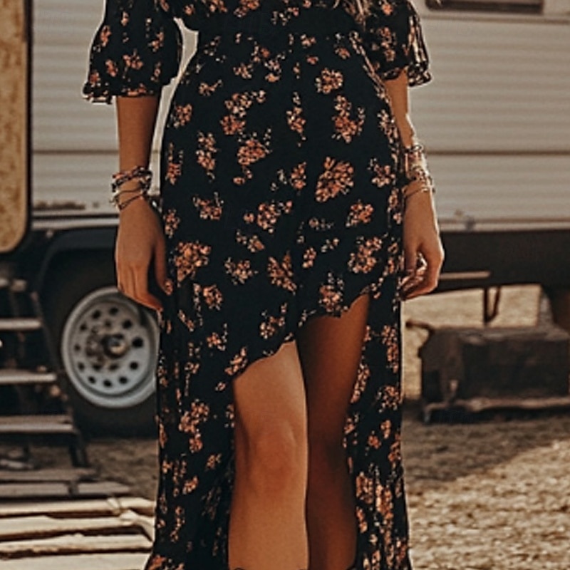 Dámské Midi šaty Vintage šaty Boho šaty Šaty s potiskem Westernové šaty Vinobraní Módní Venkovní Dovolená Rande Běžný Květiny Krátký rukáv Do V Černá Léto 2025 - $25.99 –P2