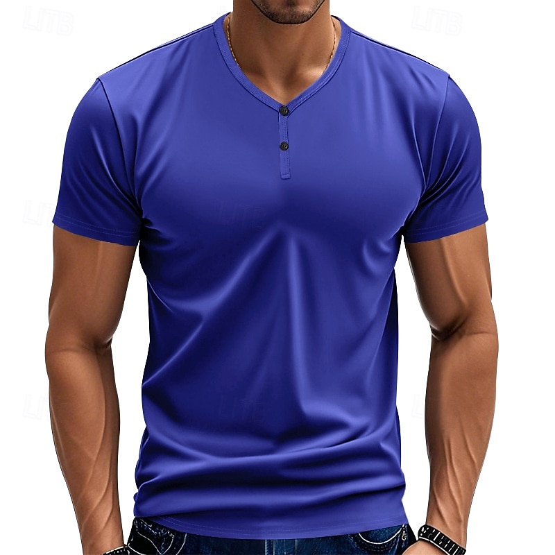 Men's T Shirt Henley Shirt Tee Short Sleeve Shirt Short Sleeve V Neck Summer Plain Fashion Designer Basic Plain Vacation Street Going out claret Black Royal Blue Top Tee for Men 2025 - $19.49 –P1