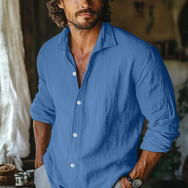 Homens Camisa Social Camisa de linho camisa de verão Roupa de Praia Camisa casual camisa de botão Tecido Casa Férias Azul Céu cáqui Cinzento Manga Longa Lapela Primavera Verão Roupa de 2026 por $26.99 –P11