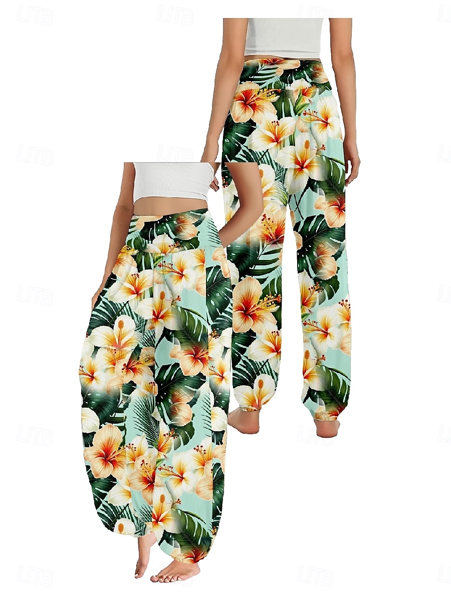 Dam Linneinspirerade byxor Brett skaft Byxor Etnisk Stil Ledigt Boho Fullängd Hög midja Blommig Löv Tropisk Ficka Elastisk midja Tryck Mateial som andas Mjuk Microelastisk Utomhus Yoga Svart Rosa 2025 - $21.99 –P12