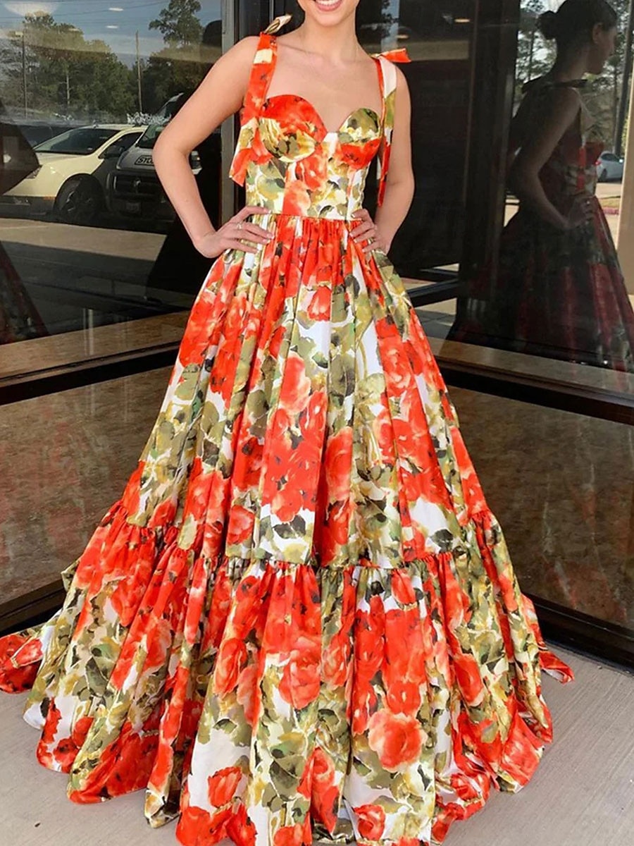 A-line šaty quinceanera elegantní šaty svatební svatební host dlouhé bez rukávů láskyplný výstřih s květinovým potiskem šaty pro svatební hosty 2025 - $99.99 –P4