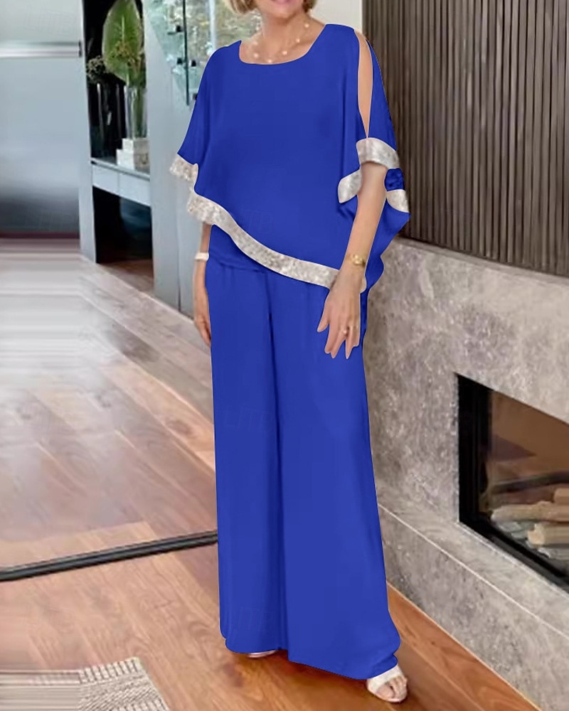 Tuta Due Pezzi Abito Madre della Sposa Elegante Vintage Semplice Scollatura Rotonda Lunghezza a Terra Chiffon Manica Mezza con Paillettes del 2025 a $99.99 –P4