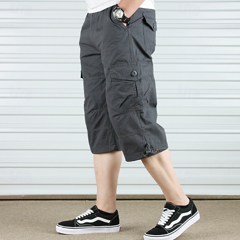 Men's Cargo Shorts Shorts Summer Shorts Drawstring Elastic Waist Multi Pocket Plain Comfort Wearable Calf-Length Outdoor Sport Daily Fashion Casual Black Khaki 2026 - $20.99 –P5