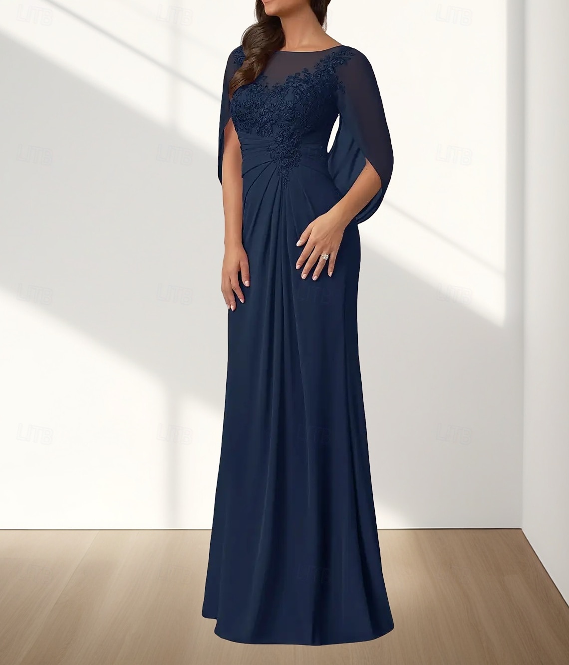 A-Linie Brautmutterkleid Hochzeitsgast Elegant Rundhalsausschnitt Bodenlang Chiffon Ärmellos mit Applikationen Raffung 2025 2025 - $178.99 –P3