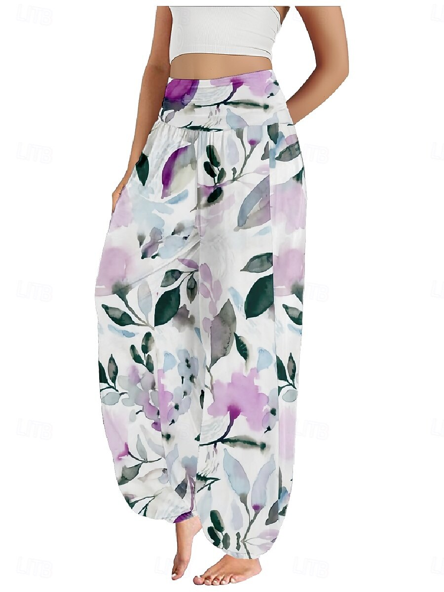 Dam Linneinspirerade byxor Brett skaft Byxor Etnisk Stil Ledigt Boho Fullängd Hög midja Blommig Ficka Elastisk midja Tryck Mateial som andas Mjuk Microelastisk Utomhus Yoga Vit Gul Rosa Purpur Sommar 2025 - $21.99 –P10